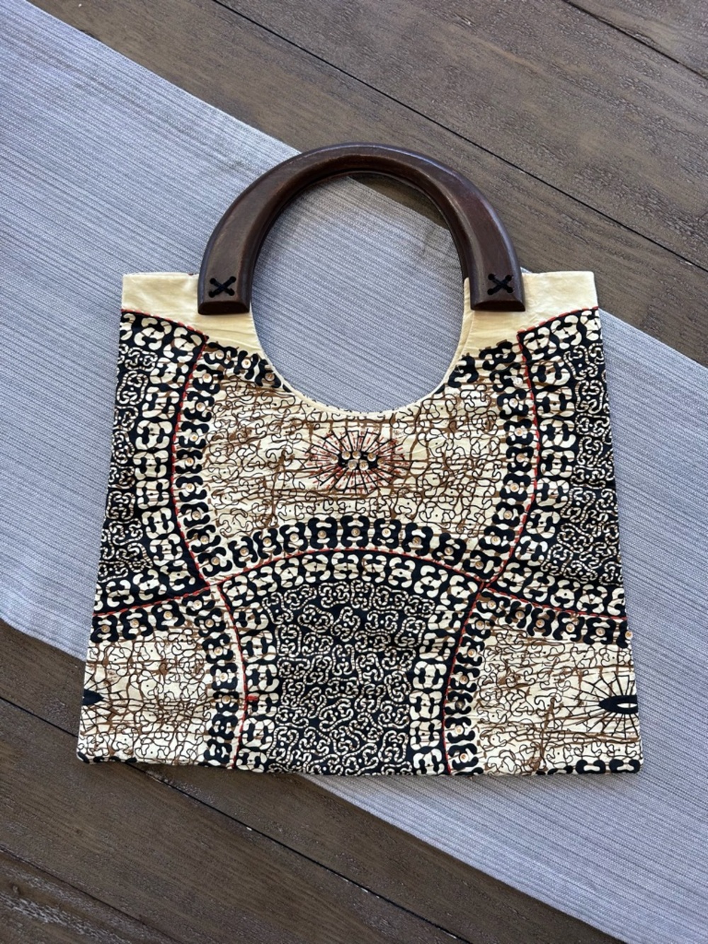 Motivi Wooden Handle Tote Bag | Boho Patchwork Print Handbag | Y2K Vintage Style